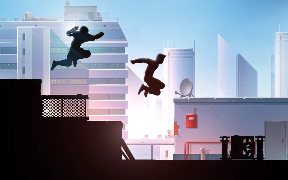 Salto entre dois blocos de escritórios ao amanhecer, com o perseguidor a meio do ar logo atrás