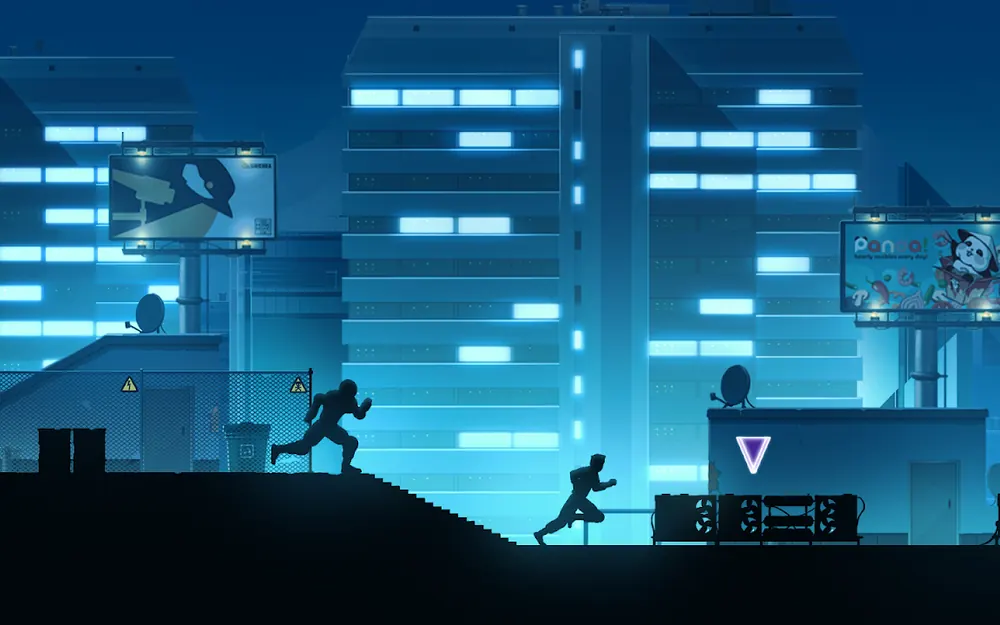 Telhados de uma zona comercial iluminada a azul, com dois ecrãs de vigilância acesos na parede