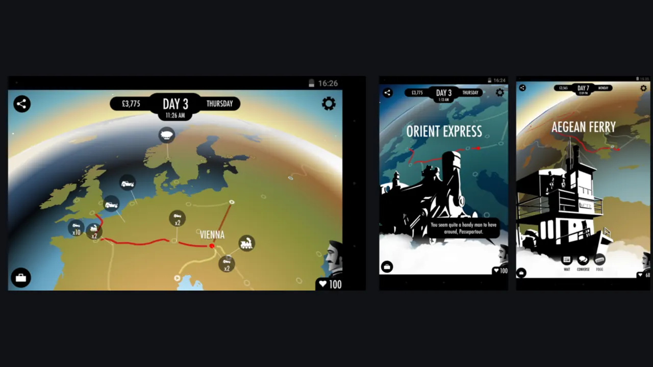 80 Days: três ecrãs do jogo lado a lado — o mapa do mundo ao dia 3, a partida do Orient Express e a travessia do ferry do Egeu